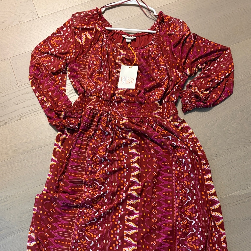 Red Patterned Long Sleeve maxi Dress